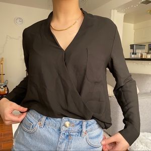 Topshop Black Wrap Long Sleeve Blouse US2